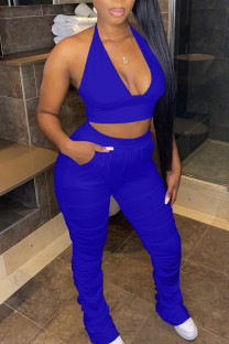 Blue Casual Solid Bandage Patchwork Backless Halter Sleeveless Two Pieces
