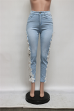 Blue Casual Solid Lace Mid Waist Skinny Denim Jeans