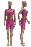 Rose Red Sexy Print Patchwork O Neck Sleeveless Two Pieces