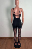 Black Sexy Patchwork Mesh Spaghetti Strap Skinny Jumpsuits