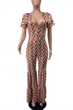 Pink Fashion Casual Print Basic V Neck Regular Jumpsuits