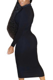 Orange Fashion Sexy Adult Solid Patchwork O Neck Long Sleeve Mid Calf Long Sleeve Dress Dresses