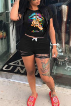 Black Fashion Sexy adult Letter Patchwork Print Hole Burn-out Lips Print pencil Short Sleeve Two Pieces