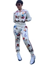 White Print Mid Waist Drawstring-Waist Two-piece suit