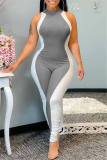 Black Fashion Casual Patchwork Basic O Neck Regular Jumpsuits