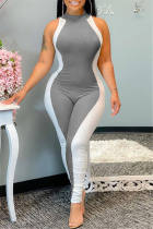 Grey Fashion Casual Patchwork Basic O Neck Regular Jumpsuits