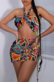 Brown Fashion Sexy Print Hollowed Out Backless Strapless Sleeveless Dress