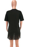 Black Sexy Casual Blends Letter Patchwork Print Tassel Patchwork Basic O Neck Short Sleeve Mini T-shirt Dress Dresses