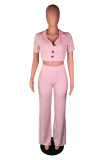 Blue Fashion adult Lightly cooked Two Piece Suits Button Solid Straight Short Sleeve Two-piece
