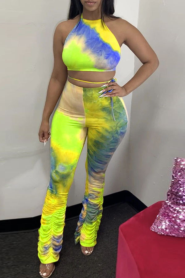 Yellow Fashion Casual Print backless Tie Dye Two Piece Suits Loose Sleeveless Two Pieces