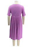 Blue Fashion Casual Plus Size Solid Basic O Neck Short Sleeve Dress (No Pocket)