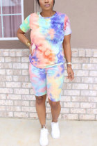 Orange Fashion Sexy adult Patchwork Print Tie Dye Two Piece Suits Straight Short Sleeve Two Pieces