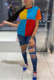 Blue Fashion Casual Patchwork Basic O Neck T-Shirts