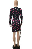 Black Elegant Print Lips Printed Draw String O Neck Pencil Skirt Dresses