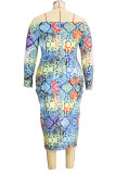 colour Sexy Knitting Print Bateau Neck Pencil Skirt Plus Size 