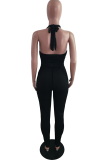 Black Street Solid Draw String V Neck Skinny Jumpsuits