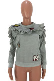 Grey O Neck ruffle Print Patchwork Print Long Sleeve Sweats & Hoodies