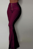 Red Street Solid Buckle Boot Cut High Waist Speaker Patchwork Bottoms