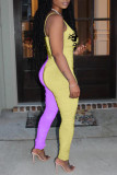 Yellow Red Fashion Sexy Letter Print Patchwork Backless Fold O Neck Skinny Jumpsuits