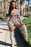 Khaki Sexy Fashion Print zipper Long Sleeve V Neck Rompers