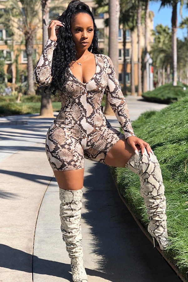 Khaki Sexy Fashion Print zipper Long Sleeve V Neck Rompers