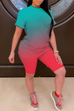 Blue Red Casual Gradual Change Patchwork O Neck Short Sleeve Two Pieces