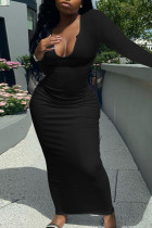 Black Casual Solid Patchwork Asymmetrical Collar Straight Dresses