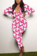White Pink Living Print V Neck Skinny Jumpsuits