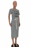 Black Fashion Casual Black Grey Pink Yellow Cap Sleeve Short Sleeves O neck Step Skirt Mid-Calf Print Character Dresses