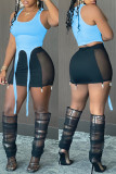 Blue Sexy Solid Patchwork See-through U Neck Sleeveless Two Pieces