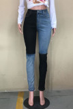 Blue Zipper Fly Mid Patchwork washing Old Zippered pencil Pants Bottoms