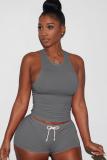 Light Blue knit Sexy Patchwork Two Piece Suits Solid Straight Sleeveless Two-Piece Short Set