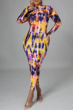 Blue Sexy Print Patchwork Half A Turtleneck Pencil Skirt Dresses