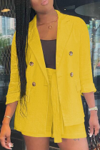 Yellow Casual Leopard Patchwork Turndown Collar Long Sleeve Two Pieces