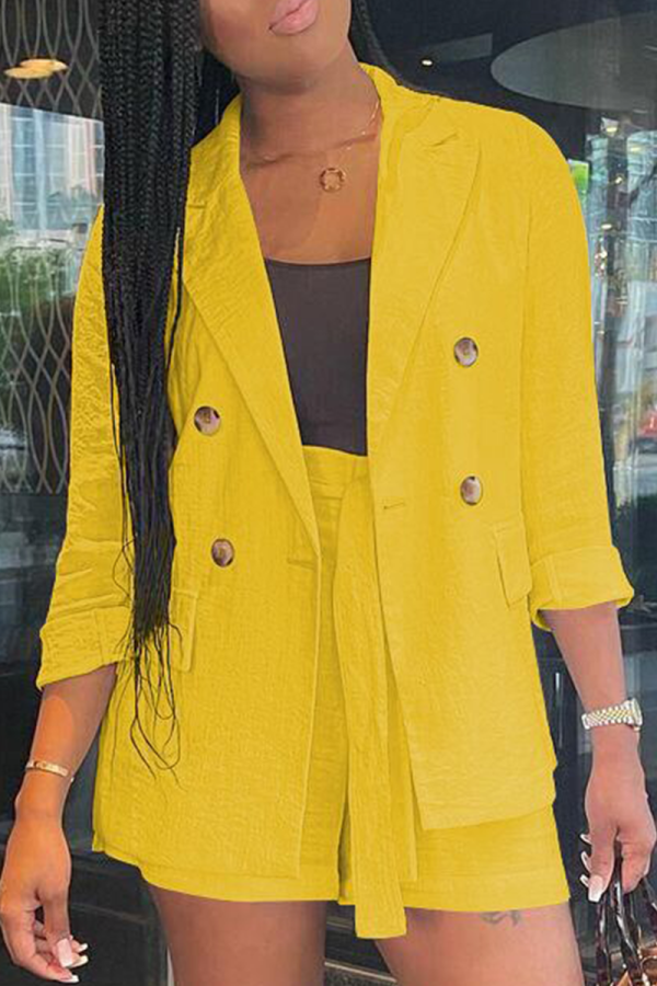 Yellow Casual Leopard Patchwork Turndown Collar Long Sleeve Two Pieces