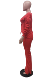 Tangerine Red Sexy Solid Patchwork V Neck Long Sleeve Two Pieces