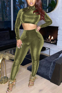 Army Green British Style Solid Patchwork Turtleneck Two Pieces