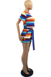 Yellow Fashion Casual Striped Print Basic O Neck Short Sleeve Two Pieces