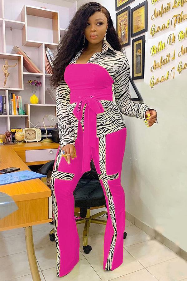 rose red adult OL Fashion Bandage Print Two Piece Suits Patchwork contrast color Loose Long Sleeve