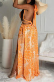 Yellow Sexy Print Bandage Hollowed Out Backless Zipper Halter Beach Dresses