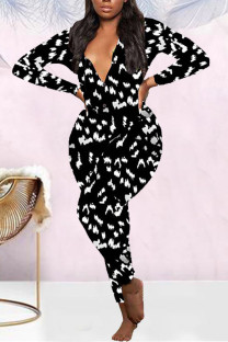 Black Casual Living Print Basic V Neck Regular Jumpsuits
