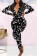 Black Casual Living Print Basic V Neck Regular Jumpsuits
