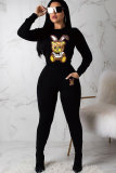 Black Elastic Fly Long Sleeve Mid Patchwork Sequin Print pencil Pants Two-piece suit
