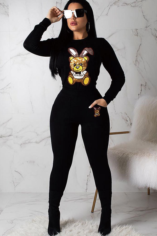 Black Elastic Fly Long Sleeve Mid Patchwork Sequin Print pencil Pants Two-piece suit
