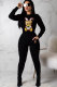 Black Elastic Fly Long Sleeve Mid Patchwork Sequin Print pencil Pants Two-piece suit