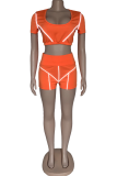 Tangerine Red Sportswear Solid Patchwork U Neck Short Sleeve Two Pieces