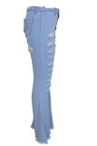 Light Blue Denim Zipper Fly High Hole washing Boot Cut Pants Bottoms