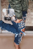 Dark Blue Sexy Solid Ripped High Waist Straight Denim