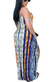 Hide Blue Fashion adult OL Hide Blue Spaghetti Strap Sleeveless V Neck A-Line Floor-Length Print Patchwork Dresses