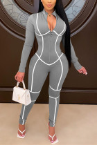 Grey Fashion Casual Patchwork Patchwork Zipper Collar Skinny Jumpsuits